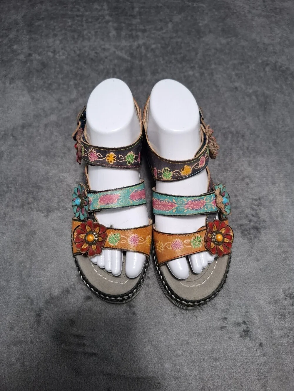 L'ATISTE Spring Step Multicolor Floral Leather Slingback Sandals Hand Painted 38